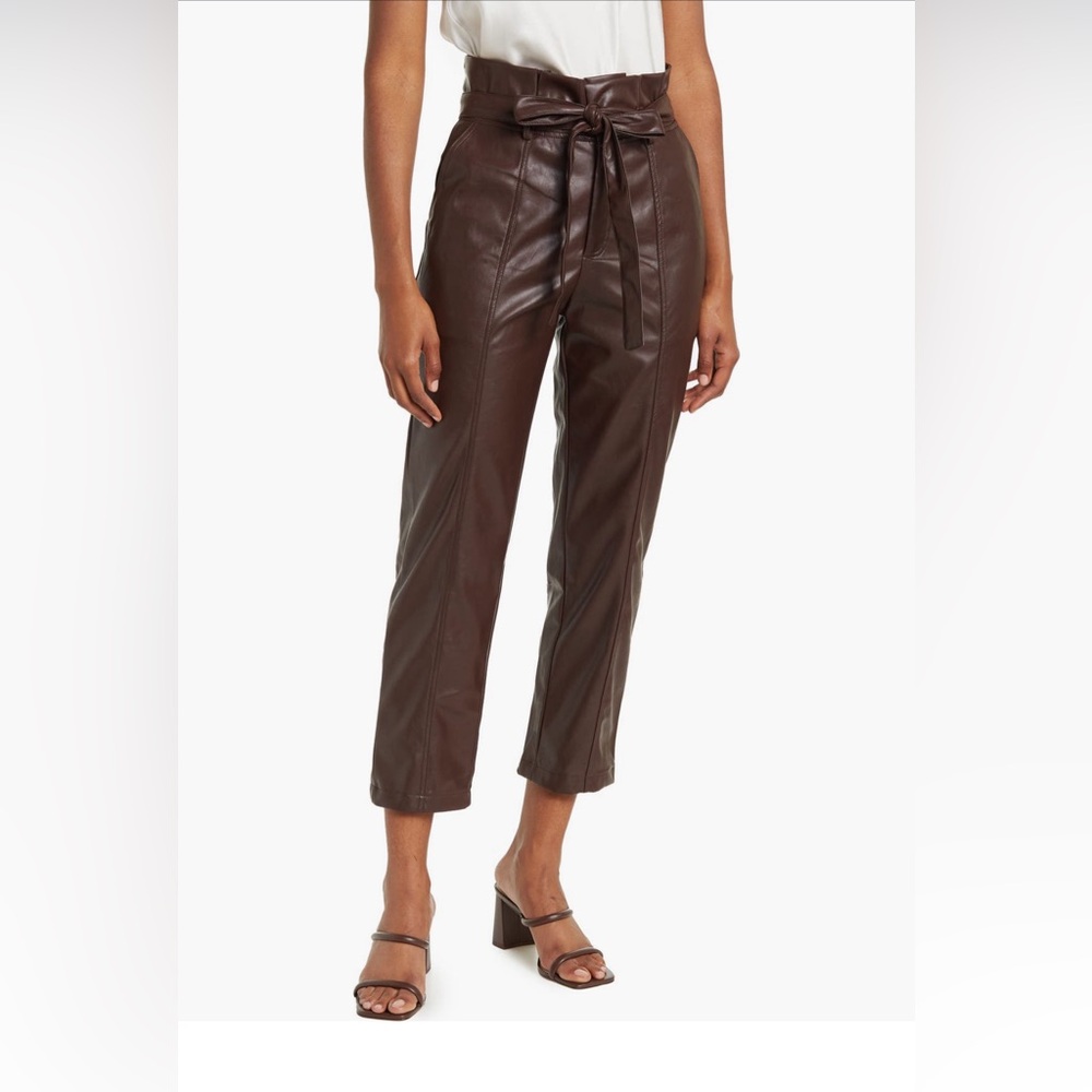 Lucy Paris: Brown faux leather paper bag waist pants